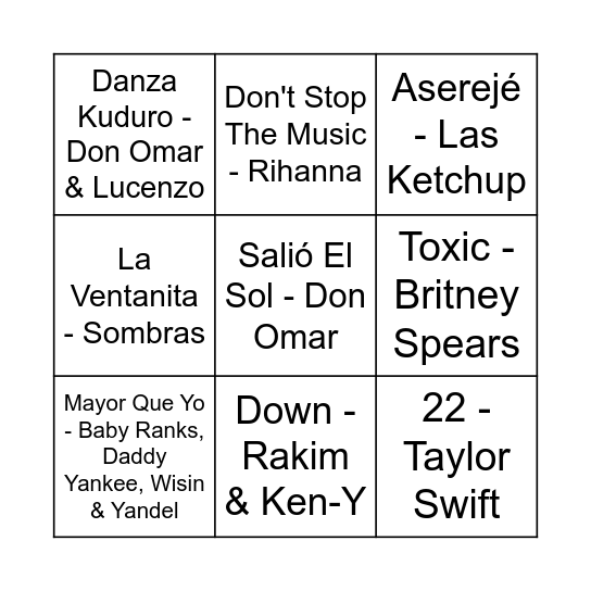 Hits 2000/2010 Bingo Card