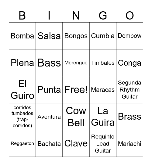 Hispanic Heritage Month Musical Bingo Card
