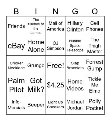 90's Pop Culture Bingo Card