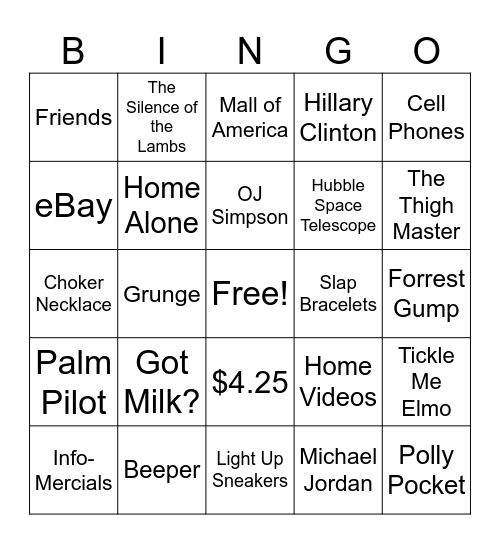 90's Pop Culture Bingo Card