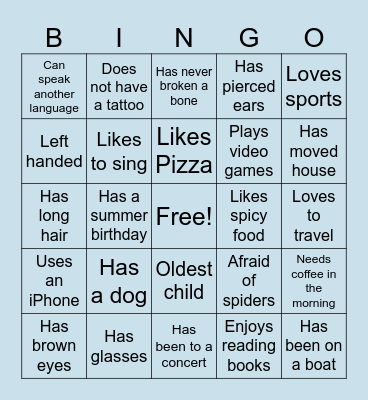 Getting To Know You Bingo Card