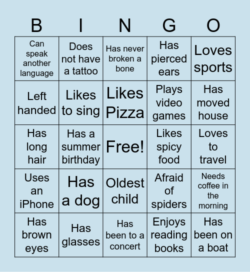 Getting To Know You Bingo Card