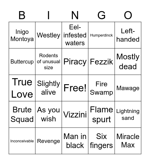 The Princess Bride Bingo Card