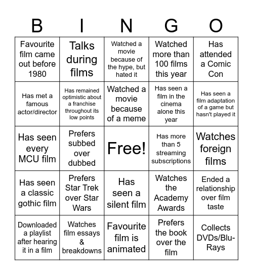 Cinema Bingo Sheet Bingo Card