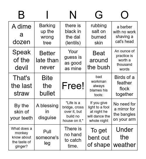 Idioms and Proverbs Bingo Card