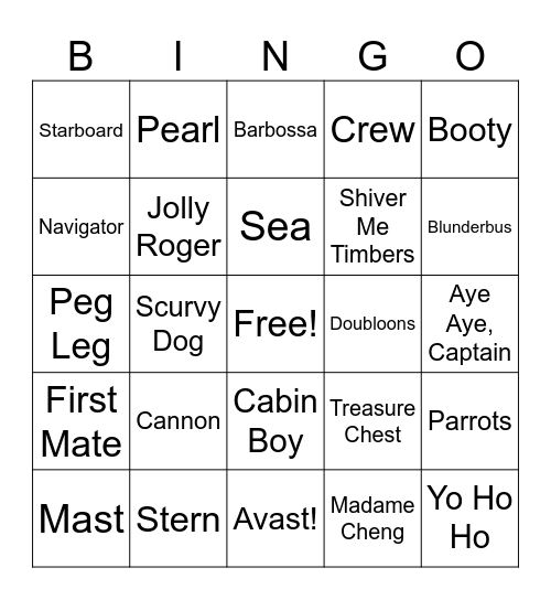Talk Like a Pirate Bingo Card