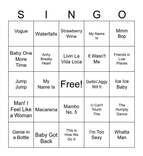 90's Top Hits Bingo! Bingo Card