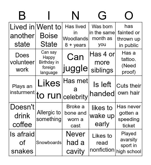 Woodlands Progressive Bingo Card