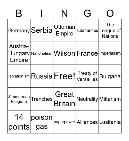 WWI Bingo Card