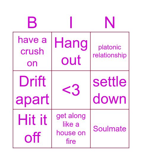 Love and Friendship Bingo Card