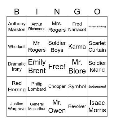 And Then There Were None Bingo Card
