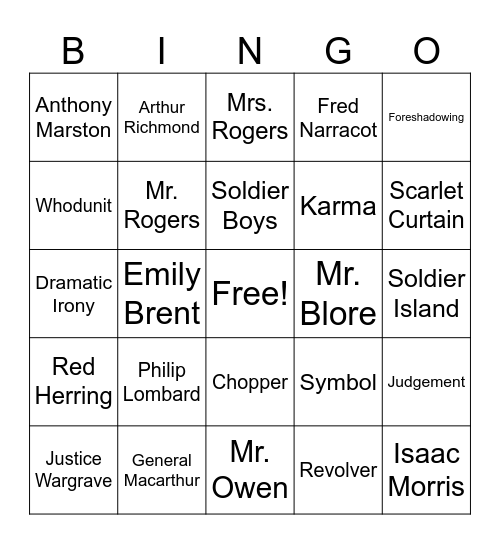 And Then There Were None Bingo Card