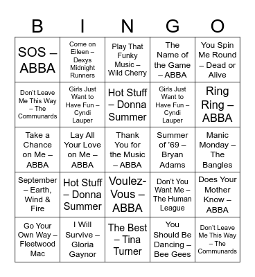 ABBA Tribute Night Bingo Card
