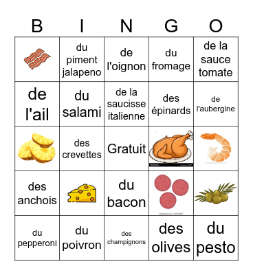 Les ingrédients de la pizza Bingo Card