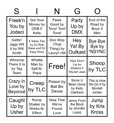 90s-2000s Hip Hop + R&B Bingo Card