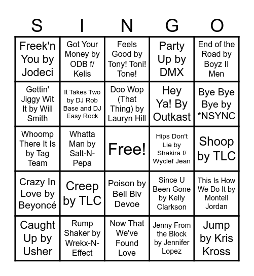 90s-2000s Hip Hop + R&B Bingo Card