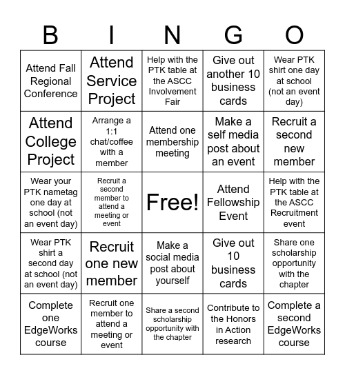 Phi Theta Kappa Officer BINGO Card