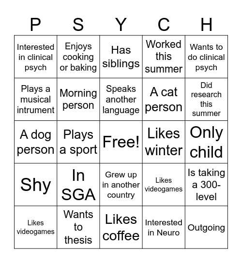 Psych Bingo Card