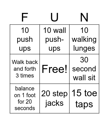 Fitness Bingo Card