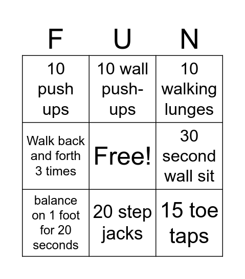 Fitness Bingo Card