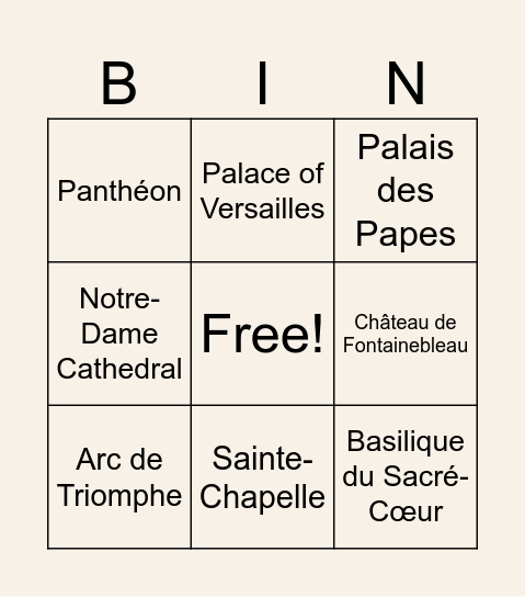 French Landmark Bingo Card
