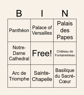 French Landmark Bingo Card