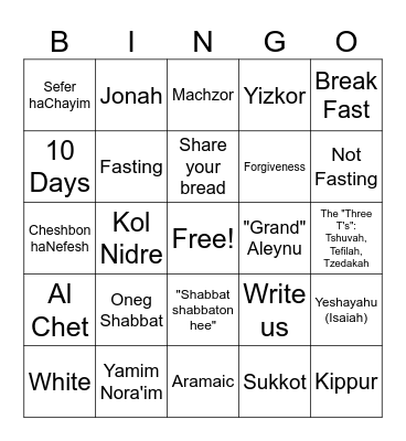 Yom Kippur 5787 Bingo Card
