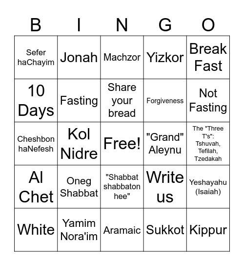 Yom Kippur 5787 Bingo Card