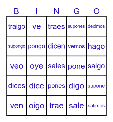 Ch 4 Irregulary Yo form Verbs Bingo Card