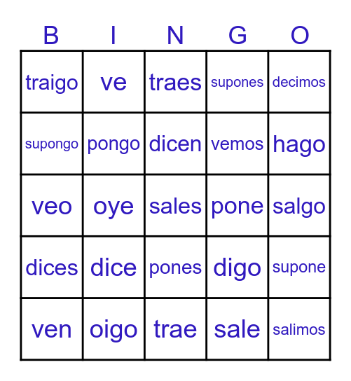 Ch 4 Irregulary Yo form Verbs Bingo Card