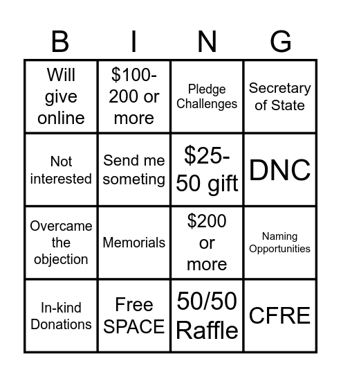 Fundraising Bingo Card
