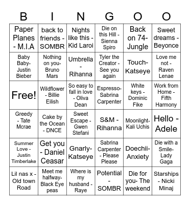 POP Music Bingo Card