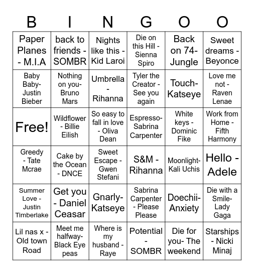 POP Music Bingo Card