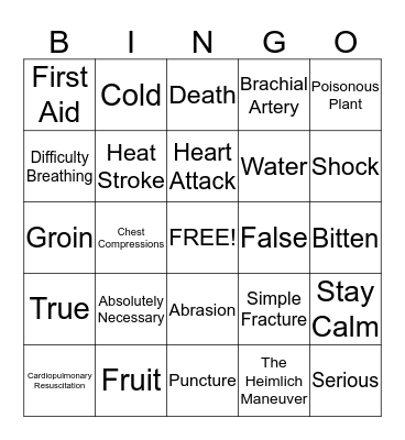 First Aid Bingo Card