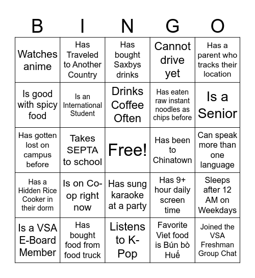 Drexel VSA Fall GBM Icebreaker Bingo Card