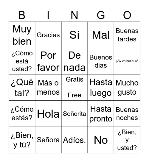 Spanish Greetings and Goodbyes Bingo Card