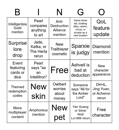 Honkai: Star Rail 4.6 Livestream Bingo Card