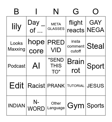 Instagram Bingo Card