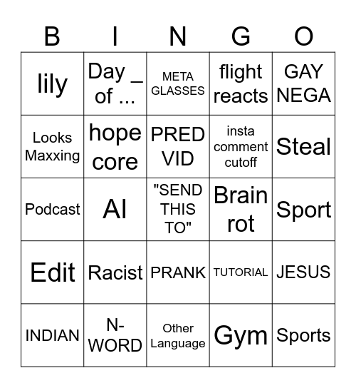 Instagram Bingo Card