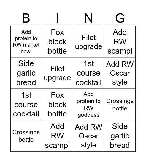 Restaurant Week Bingo Card