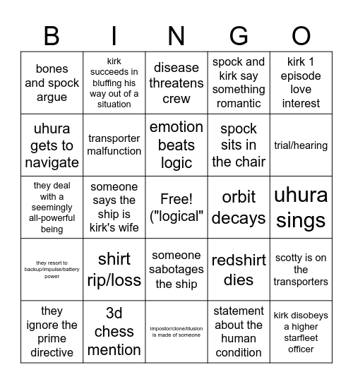 star trek Bingo Card