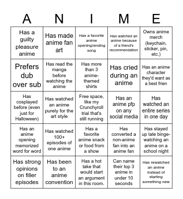 Anime Club Ice Breaker Bingo Card