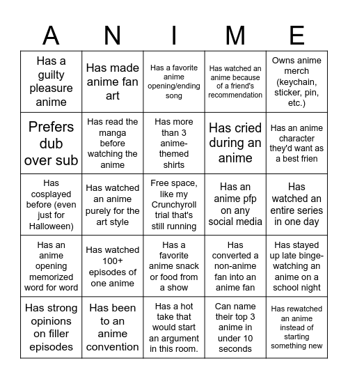 Anime Club Ice Breaker Bingo Card