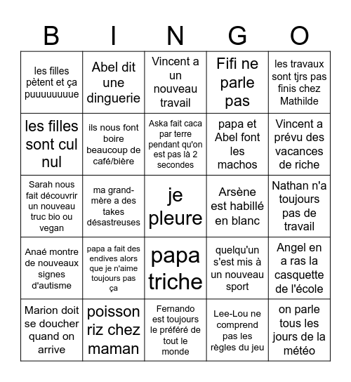 canon events chez les Falcoz Bingo Card