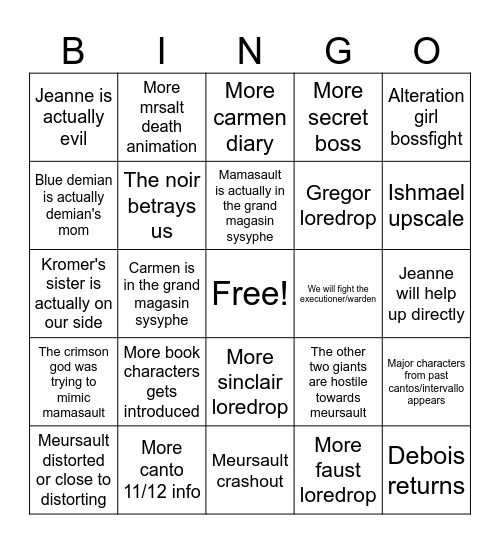 Canto 10 bingo Card