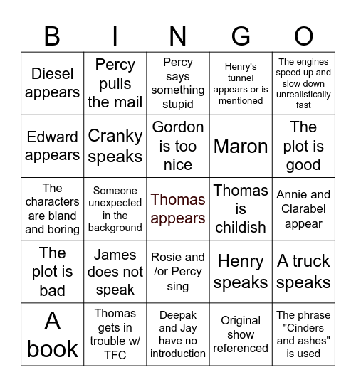 Thomas Railway Stories Special BINGO Card