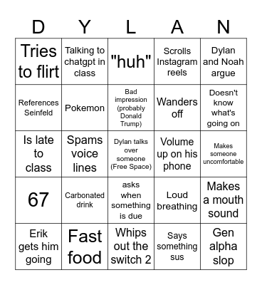 Dylan Bingo Card