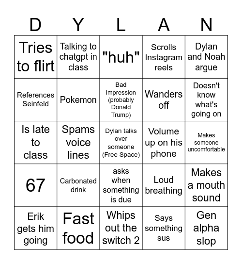 Dylan Bingo Card