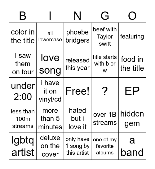 Playlist Bingo Card