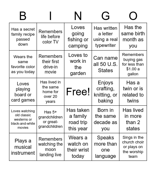 LLOP Grandparents Day Human Bingo Card